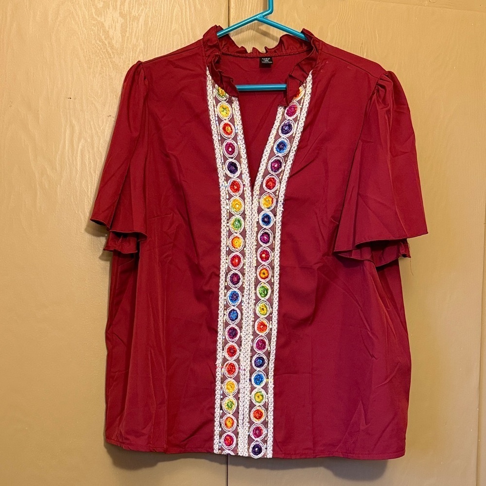 SHEIN 3XL Red Embroidered Shirt with vibrant Jewel-like details